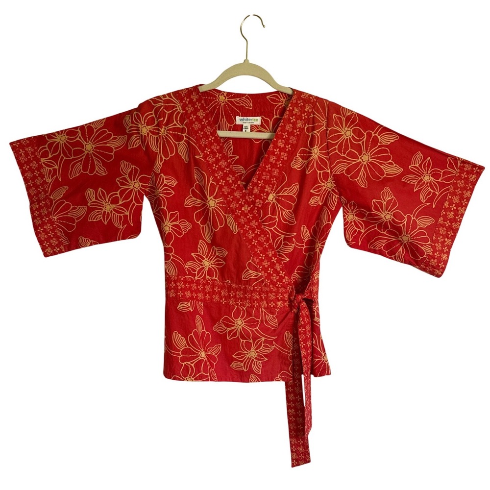Whiterice Red Floral Cotton Wrap Top Kimono Sleeve Batik Print Small Asian inspo